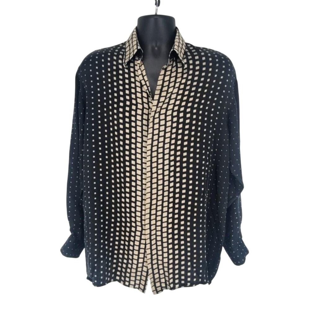Vntg Genelli Silk Shirt Mens Medium Black Beige Disco Casual Button Soprano Flaw